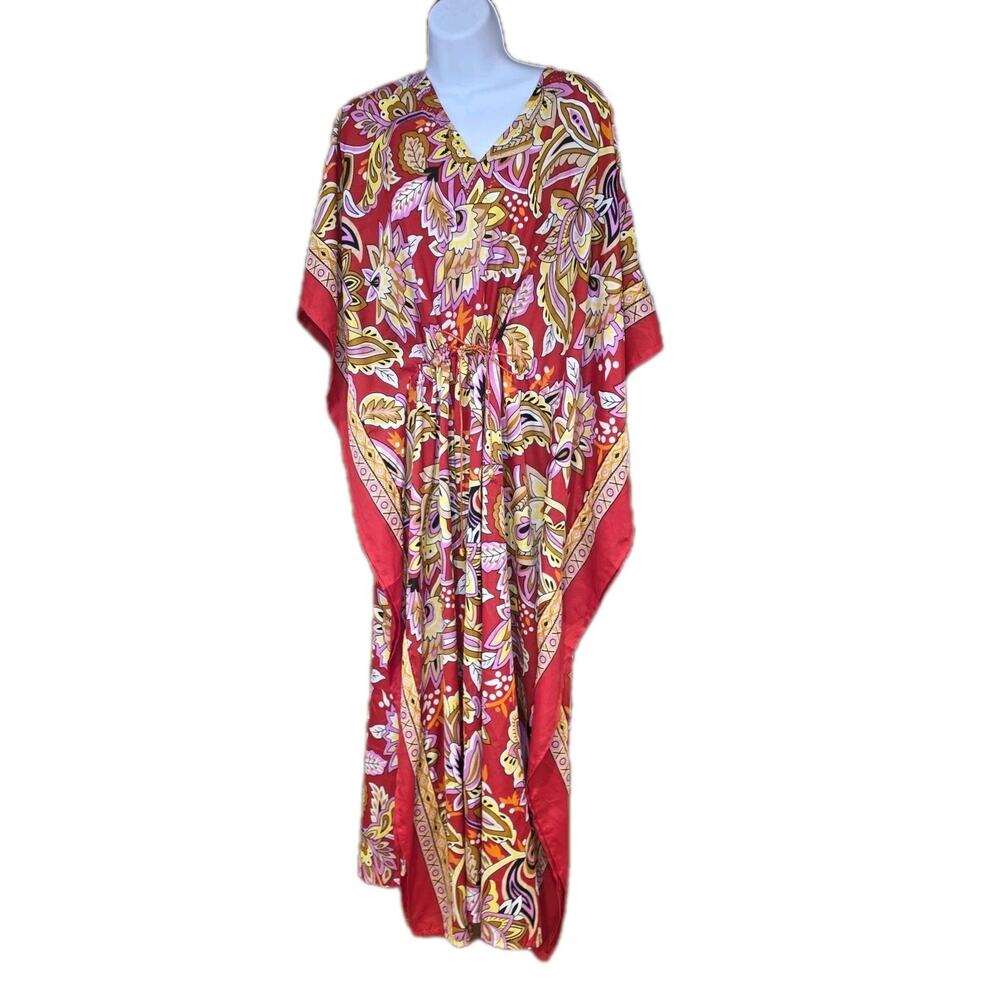Nwt Mystique Kaftan Red Floral Satin One Size‎ Tie Waist, Made In India
